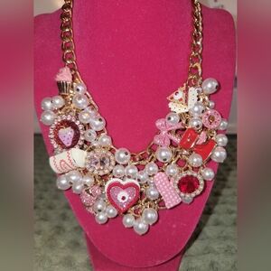 NEW NWT Betsey Johnson Gold and Pink Charm Baking Bib Statement  Necklace